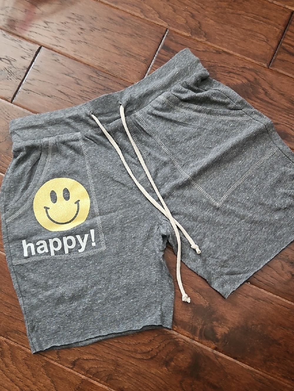 Hipchik Gray Drawstring Shorts with Yellow Smiley Graphic